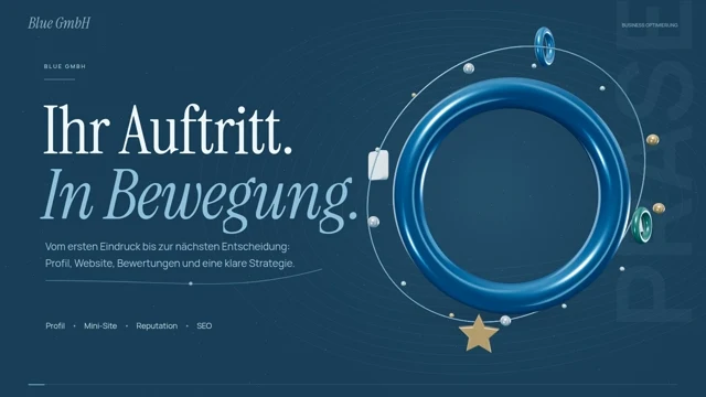 Blue GmbH – Ihr Auftritt in Bewegung. Vier Leistungssymbole kreisen um einen blauen Ring.