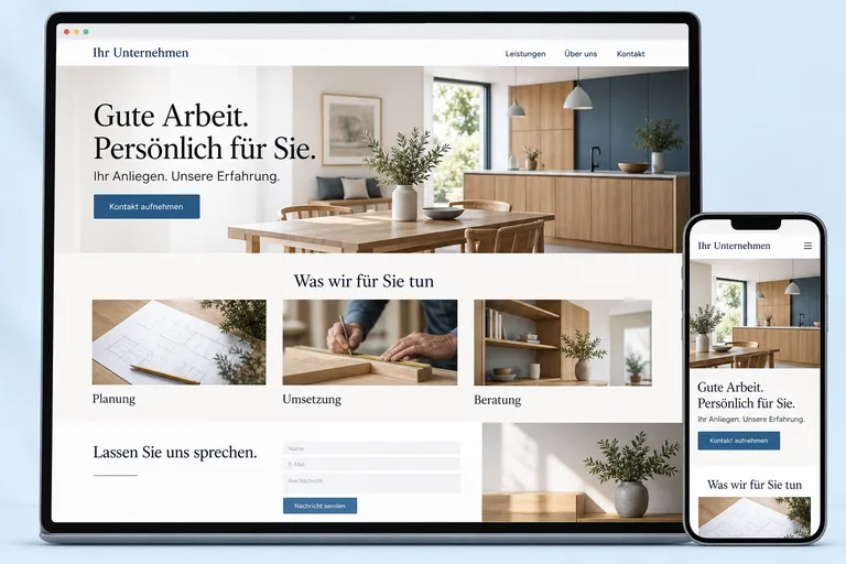 Webseitenentwurf auf Desktop und Smartphone mit Unternehmensvorstellung, Leistungsbildern und Kontaktbereich.