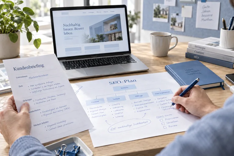 Anhand eines Kundenbriefings entsteht ein SEO-Plan mit Themen und Seitenstruktur.