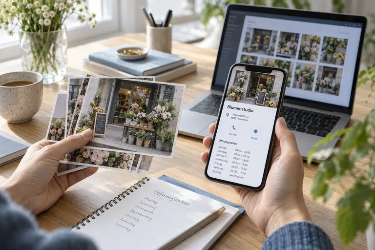 Geschäftsfotos und Öffnungszeiten werden mit einem Unternehmensprofil auf dem Smartphone abgeglichen.